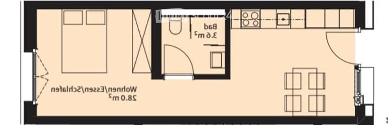 Layout of a compact apartment featuring a living room, bedroom, bathroom, and kitchen area.