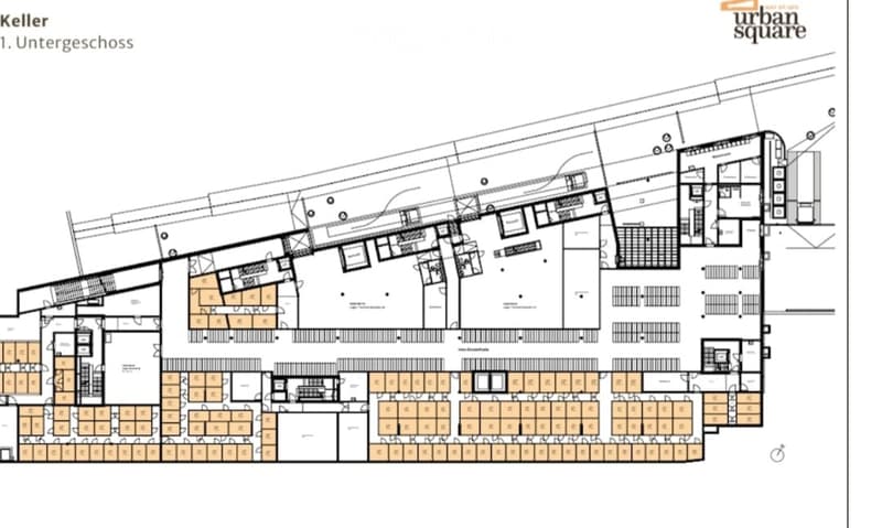 Floor plan of the basement level (Keller, 1. Untergeschoss) showing multiple rooms, storage areas, and corridors.