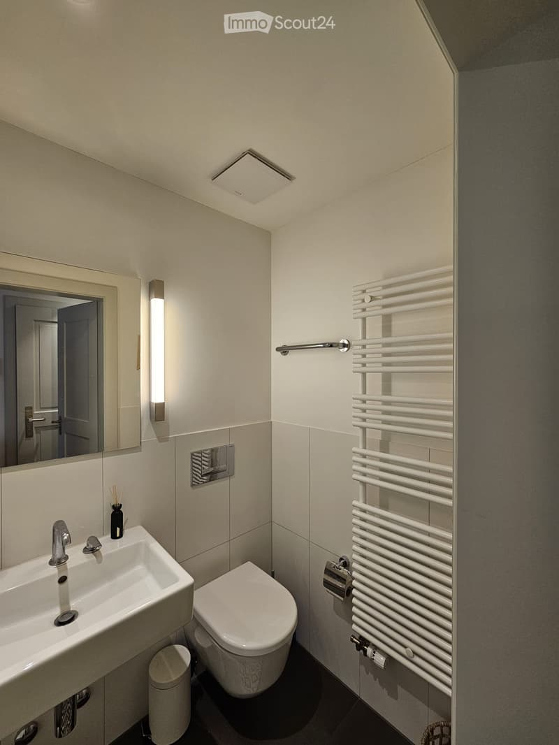 Modern bathroom with a white sink, toilet, mirror, and a white radiator on the wall.