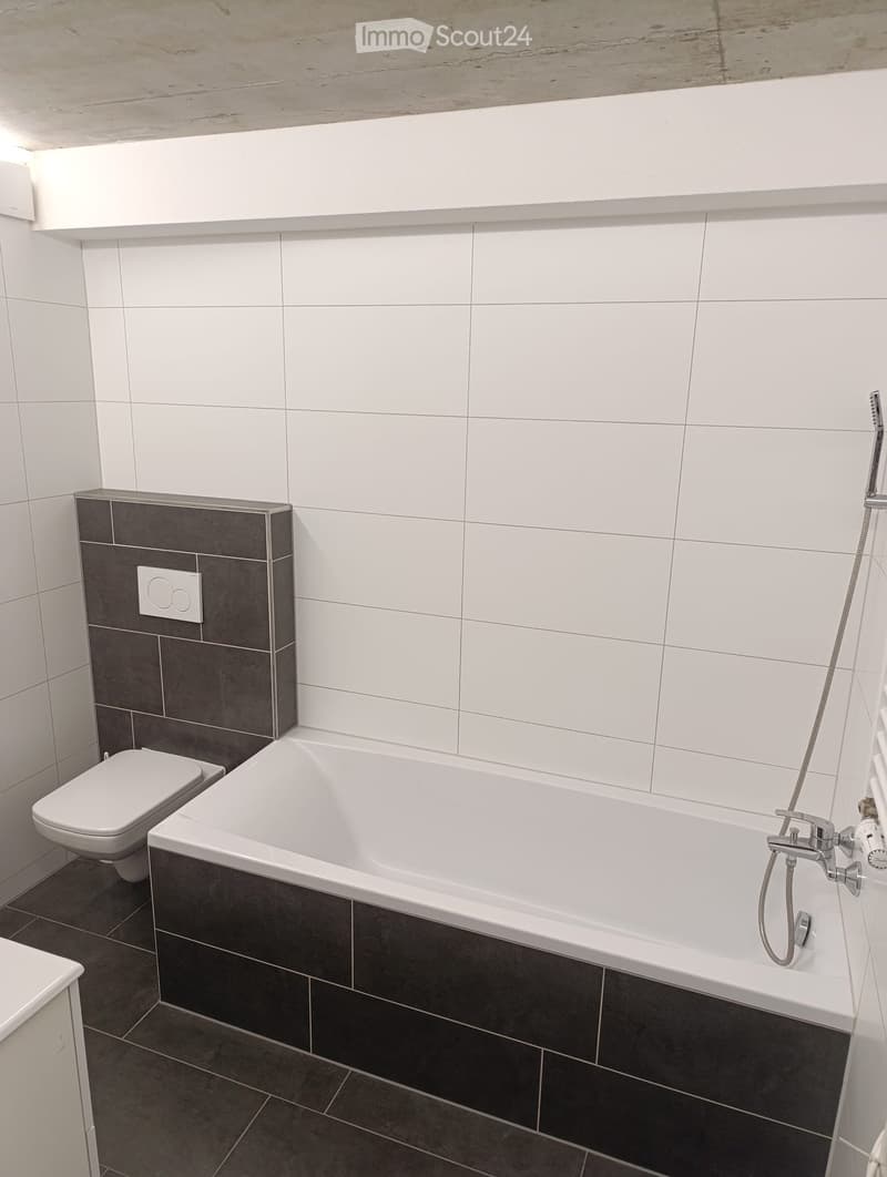 Modern bathroom with white tiles, a bathtub, toilet, and a handheld showerhead attached to the wall.