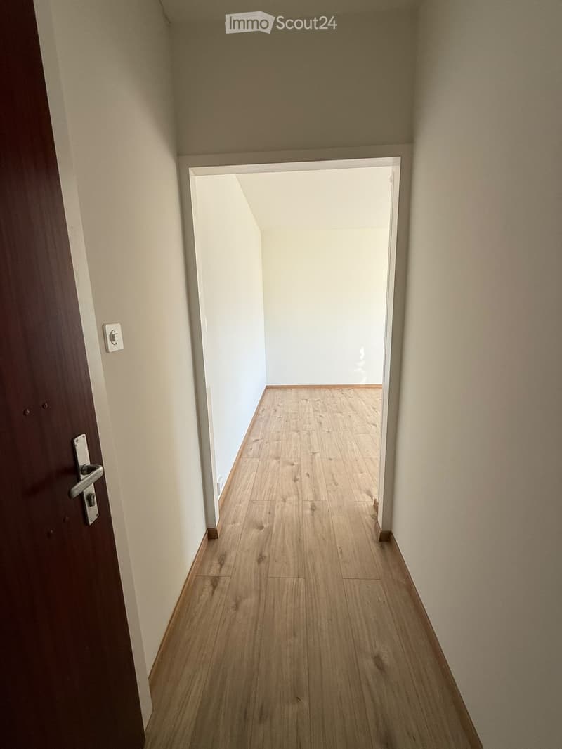 Empty hallway with wooden flooring, light-colored walls, and a closed door on the left side.