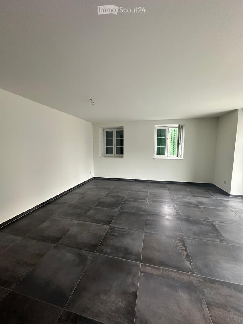 Empty room with dark grey tiled floor and white walls, featuring two windows with white frames and shutters.