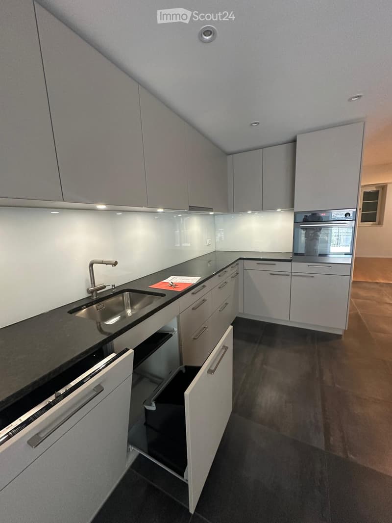 Modern kitchen with white cabinets, black countertops, stainless steel sink, and built-in oven. Features sleek design with ample storage space.