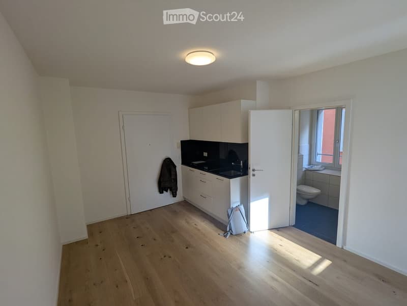 A small, unfurnished room with wooden flooring, white walls, and a small kitchen area with cabinets and a sink. A coat hangs on the wall, and a handbag is placed on the floor. A bathroom is visible through an open door.