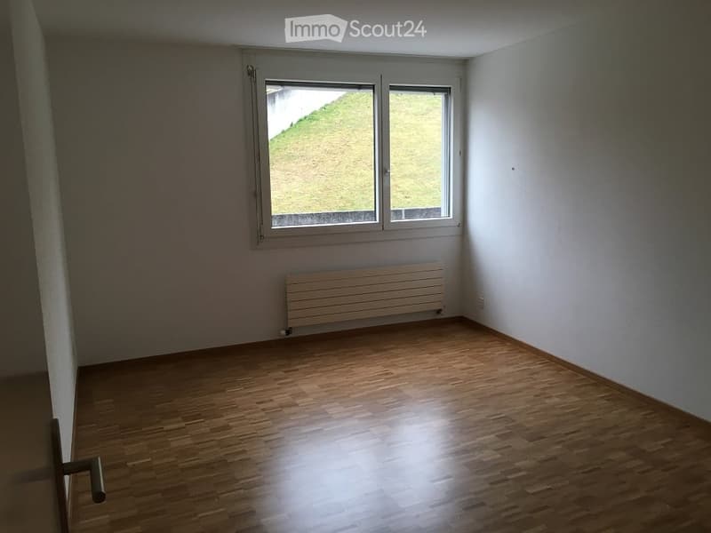 Empty room with wooden flooring, white walls, and a radiator under a large window overlooking a green hill.
