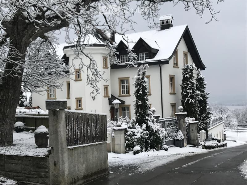 A white two-story house with snow on the roof, featuring large windows and a black-framed entrance, situated in a snowy landscape with decorative stone pillars and a gate.