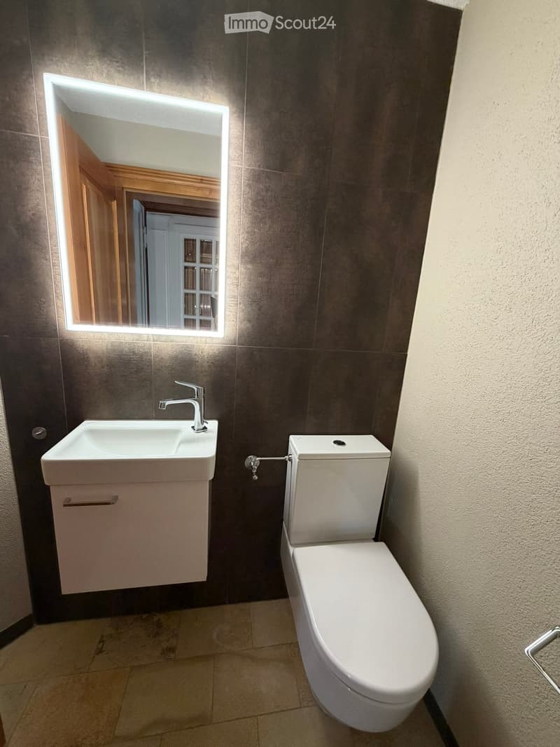 Modern bathroom with a white sink, chrome faucet, toilet, and illuminated mirror above the sink. The walls are tiled in dark gray, and the floor is tiled in beige.