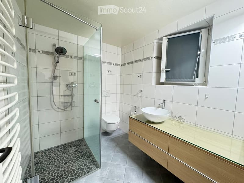 Modern bathroom with white tiles, a glass-enclosed shower, a toilet, a sink with a wooden cabinet, and a mirror above the sink.