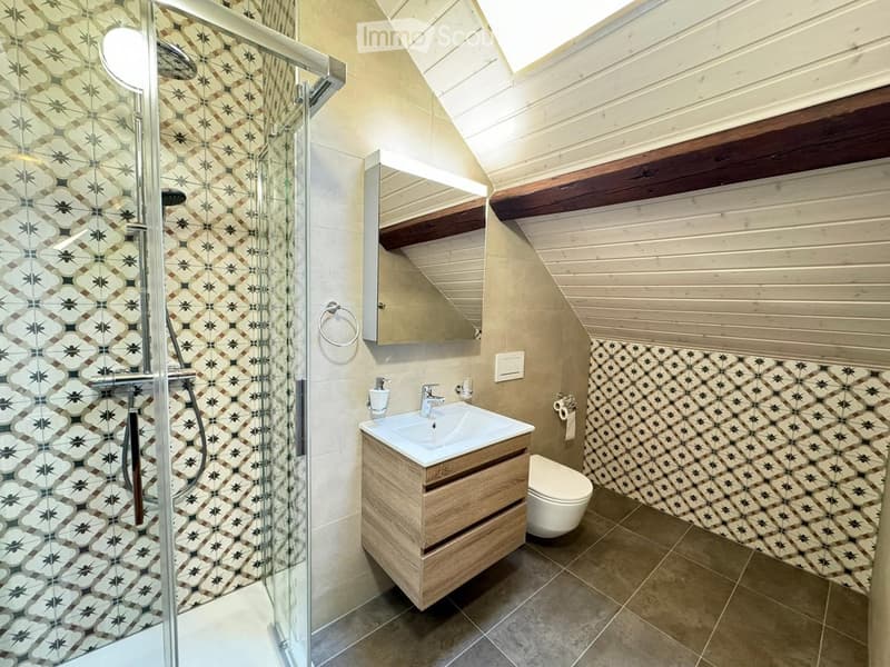 Modern bathroom with a glass-enclosed shower, wooden vanity with sink, toilet, and decorative patterned tiles.
