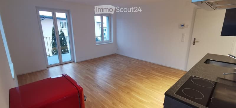 Modern kitchen with wooden flooring, large windows, and a balcony access door. Features a red refrigerator and an induction stove.