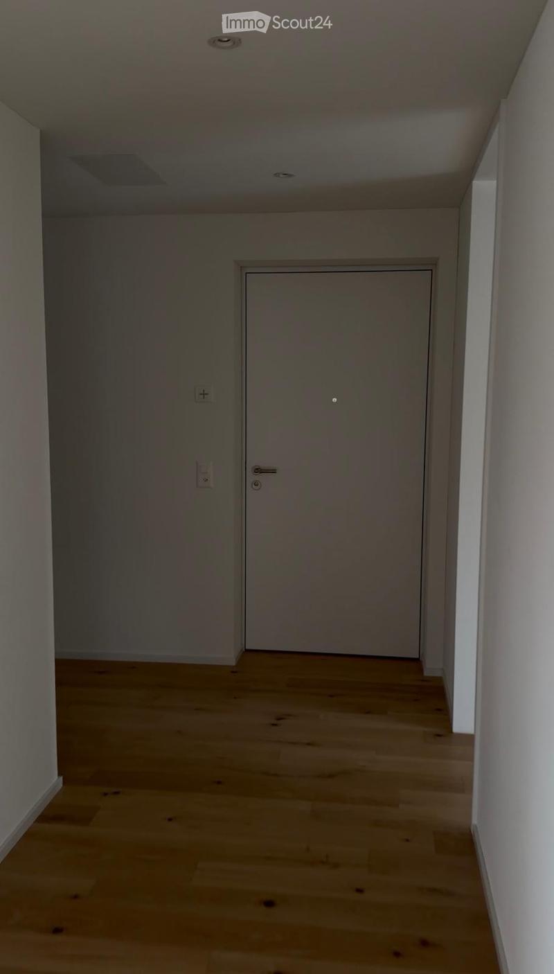 Empty hallway with light wooden flooring, white walls, and a single closed door.