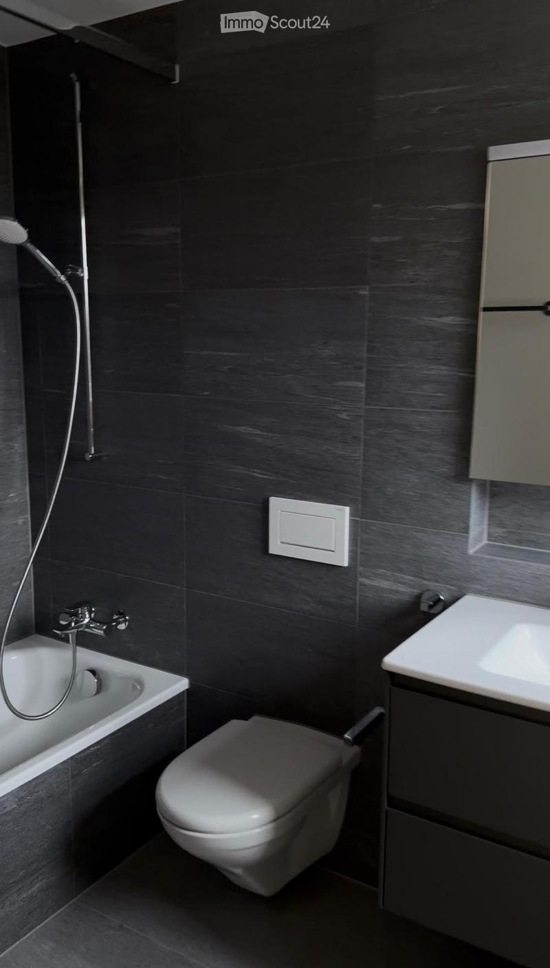 Modern bathroom with dark grey tiles, a bathtub, toilet, sink, and a showerhead attached to the wall.