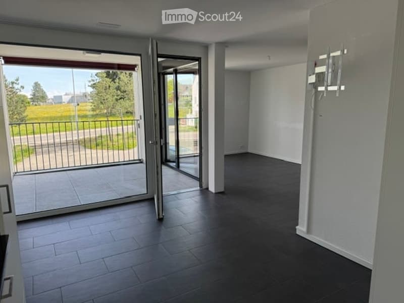 Empty room with dark wooden flooring, white walls, and large glass sliding doors leading to an outdoor area.