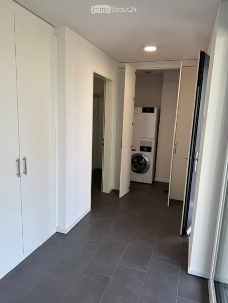 Clean, modern hallway with white walls, dark tiled floor, built-in white cabinetry, and an open door leading to a laundry area with a washing machine.