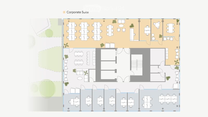 Floor plan of a corporate suite with multiple rooms, including a large open area with desks, a break room, and several smaller rooms.