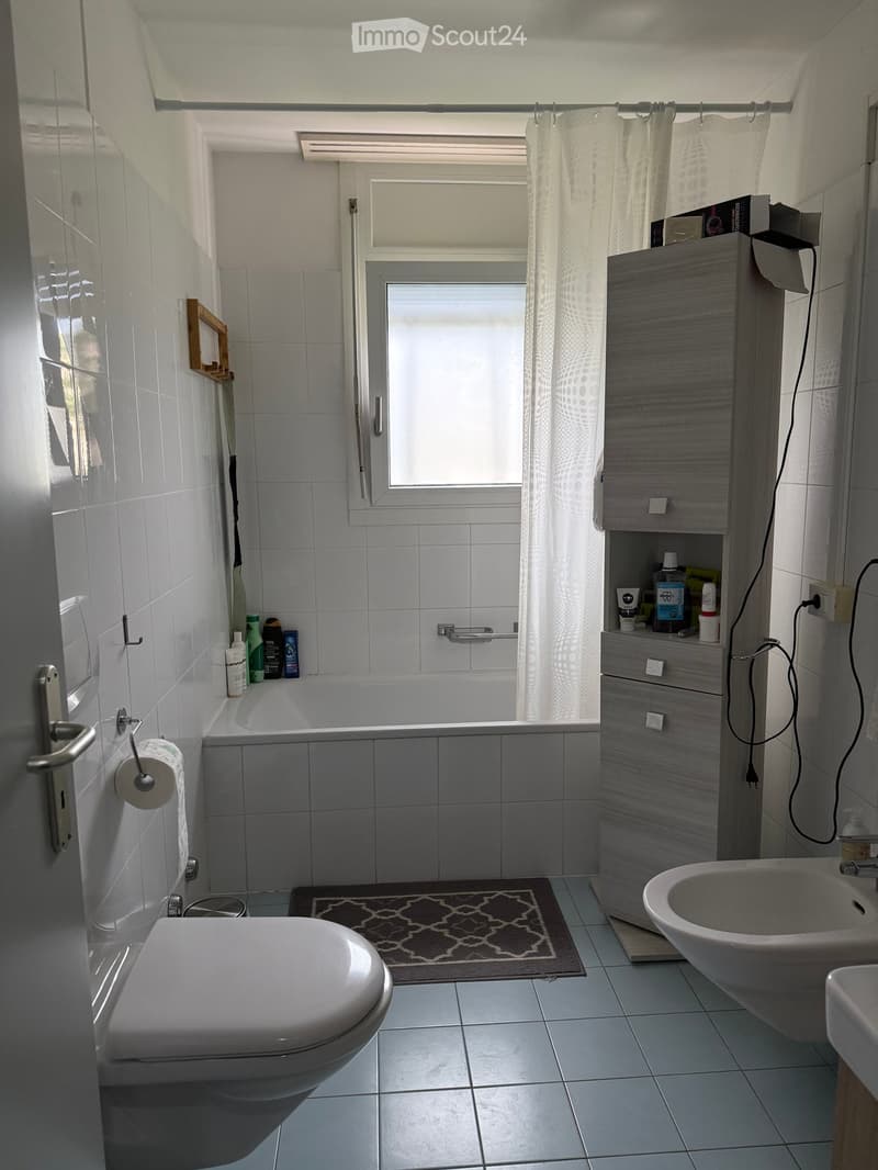 Modern bathroom with white tiles, a bathtub, toilet, sink, and a grey cabinet. A small rug is placed in front of the toilet, and a shower curtain is visible in the background.