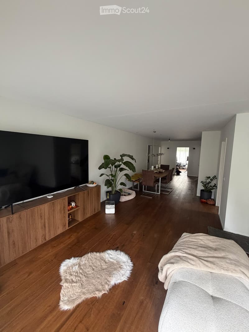 Open-plan living and dining area with wooden flooring, a large TV on a wooden stand, a sofa with a blanket, a fur rug, a dining table with chairs, and potted plants.
