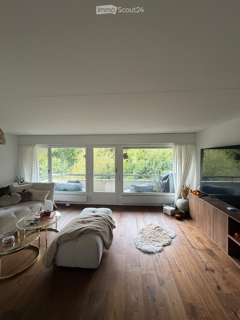 Modern living room with wooden flooring, large windows, and a balcony. Features a sofa, coffee table, ottoman, and television.
