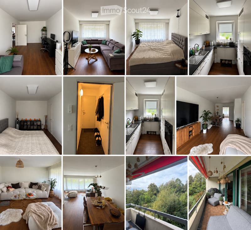 A collage of interior spaces showcasing a living room, bedroom, kitchen, and balcony. The living room features a sofa, coffee table, and plants. The bedroom has a bed and nightstand. The kitchen includes cabinets, a sink, and an oven. The balcony offers a