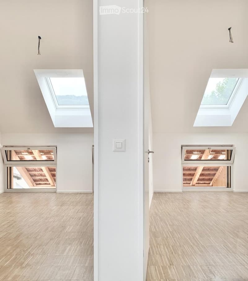 Empty room with wooden flooring, white walls, and multiple skylights and windows providing natural light.