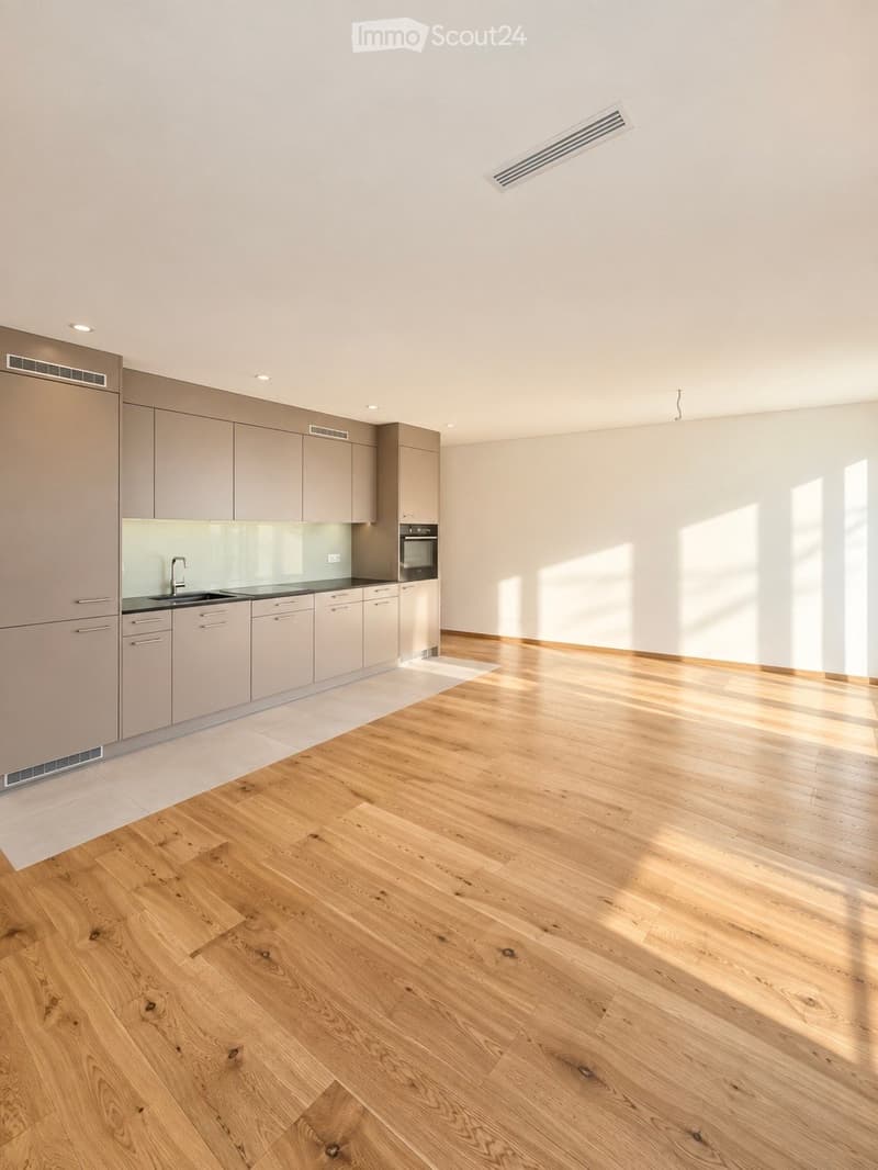 Modern kitchen with light wood flooring, grey cabinets, and a sleek sink area.