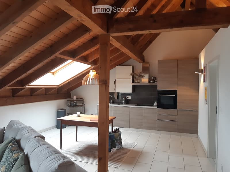 Open-plan living and kitchen area with exposed wooden beams, modern kitchen cabinets, a sofa, a dining table, and pendant lighting.