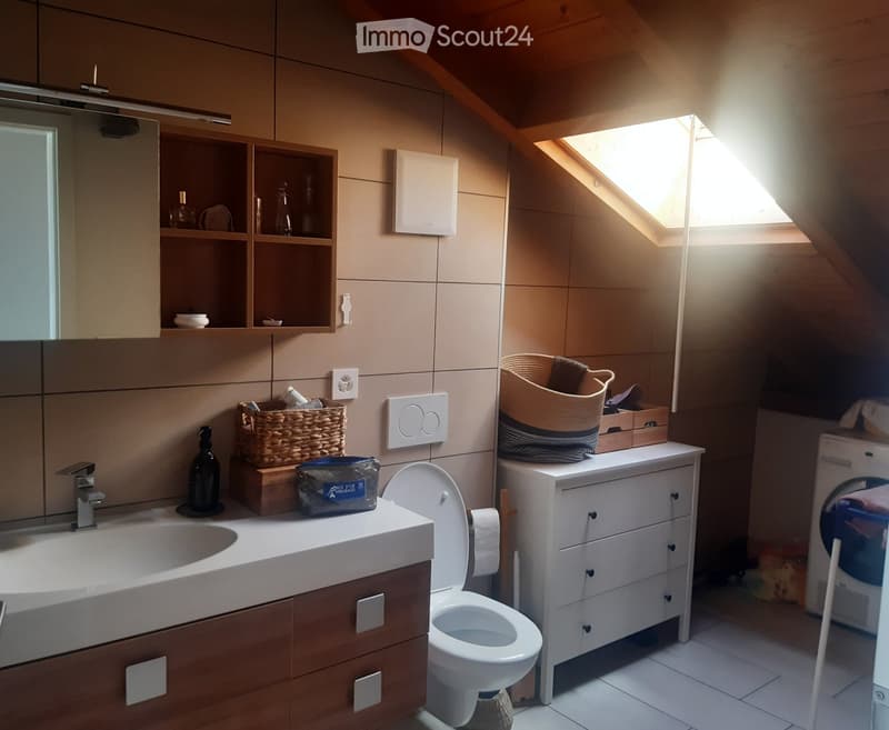 Modern bathroom with a sink, toilet, mirror, and wooden cabinet. Features include a skylight window, wicker baskets, and a small shelf with decorative items.