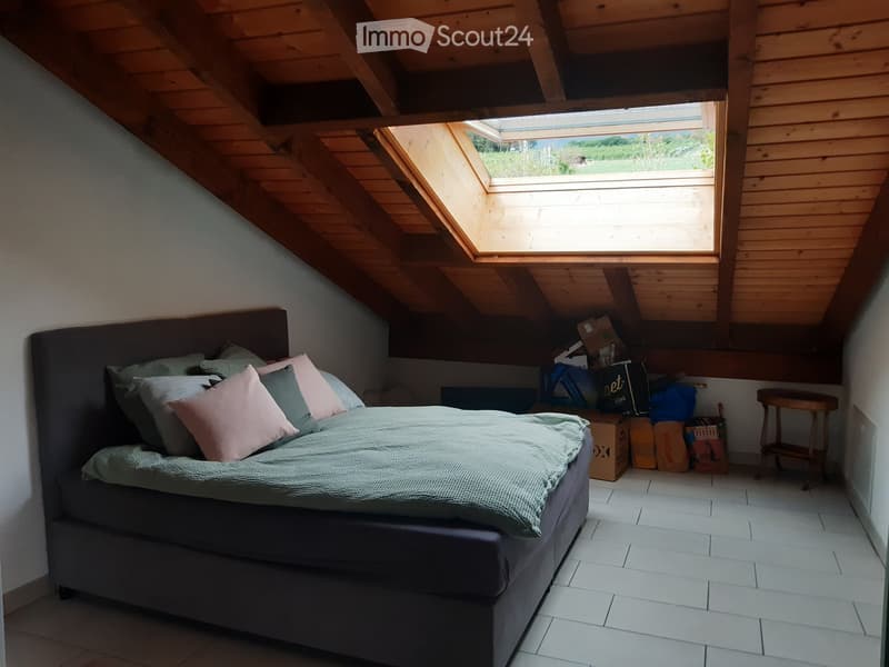Cozy attic bedroom with a large bed, pillows, and a skylight window offering a view of the outdoors.