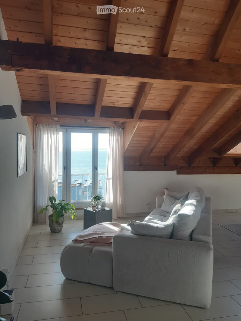 Living room with a grey sectional sofa, a small table with a plant, a mirror on the wall, and a view of the sea through large windows.
