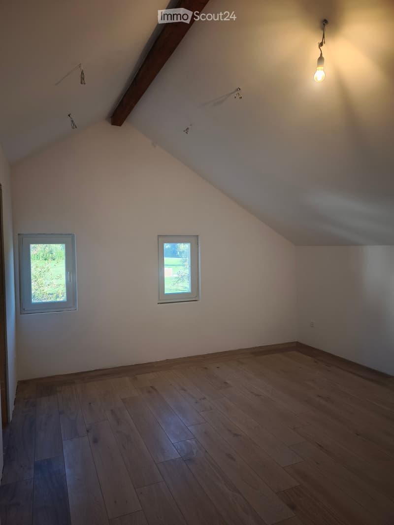 Empty attic room with wooden flooring, slanted ceiling, two windows, and a single hanging light fixture.