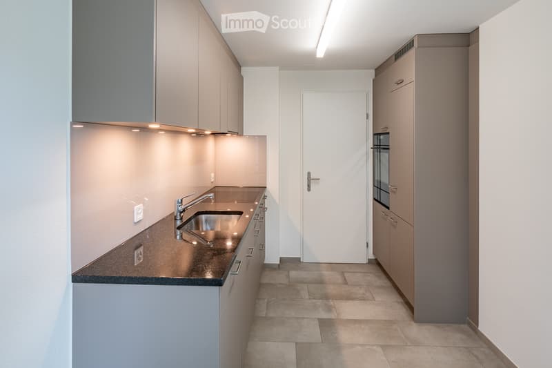 Modern kitchen with sleek, light-colored cabinets, a stainless steel sink, and built-in oven. The space features a dark countertop and warm lighting.