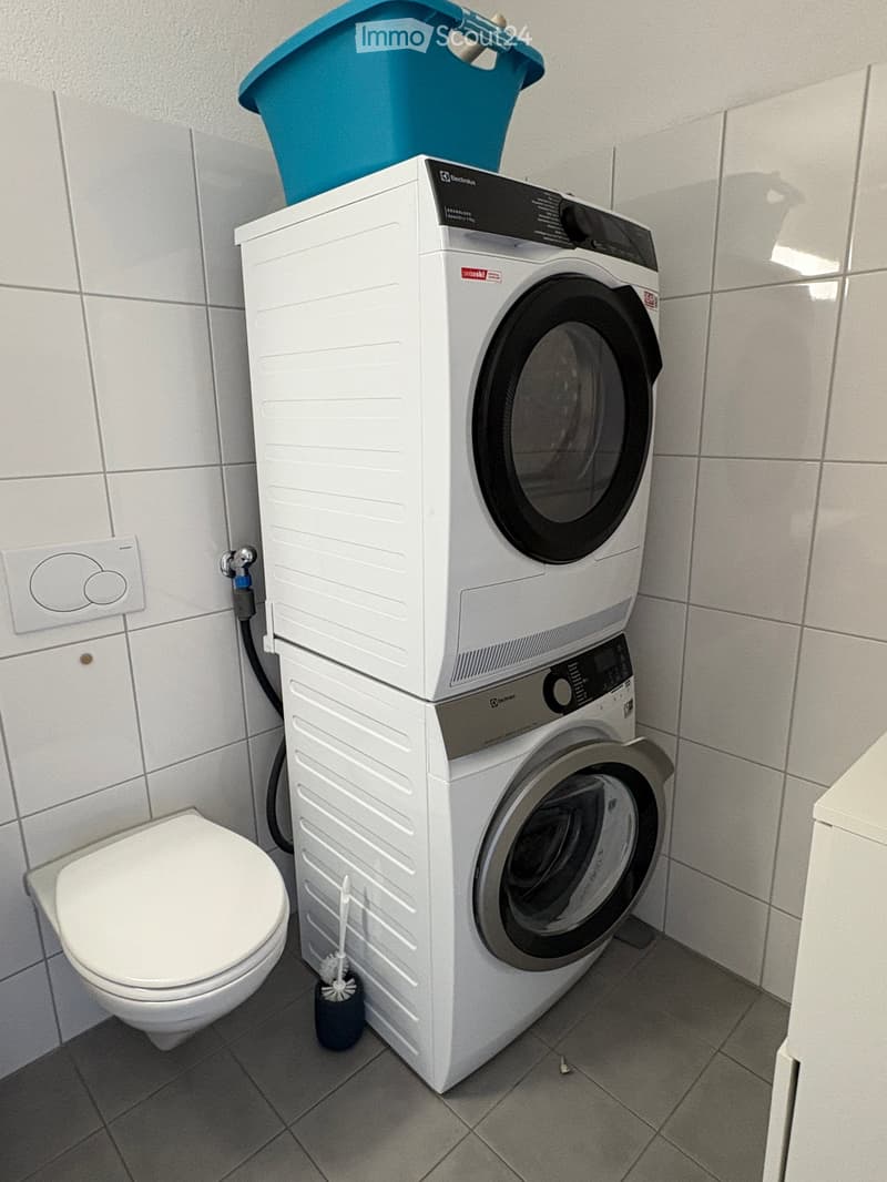Bathroom with a toilet, a stacked washing machine and dishwasher, and a toilet brush holder.
