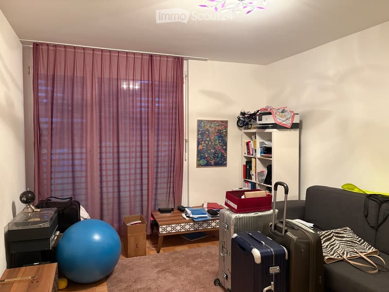 A furnished room with a sofa, a large exercise ball, a small table, suitcases, a bookshelf, and a painting on the wall. The room has curtains and a carpeted floor.
