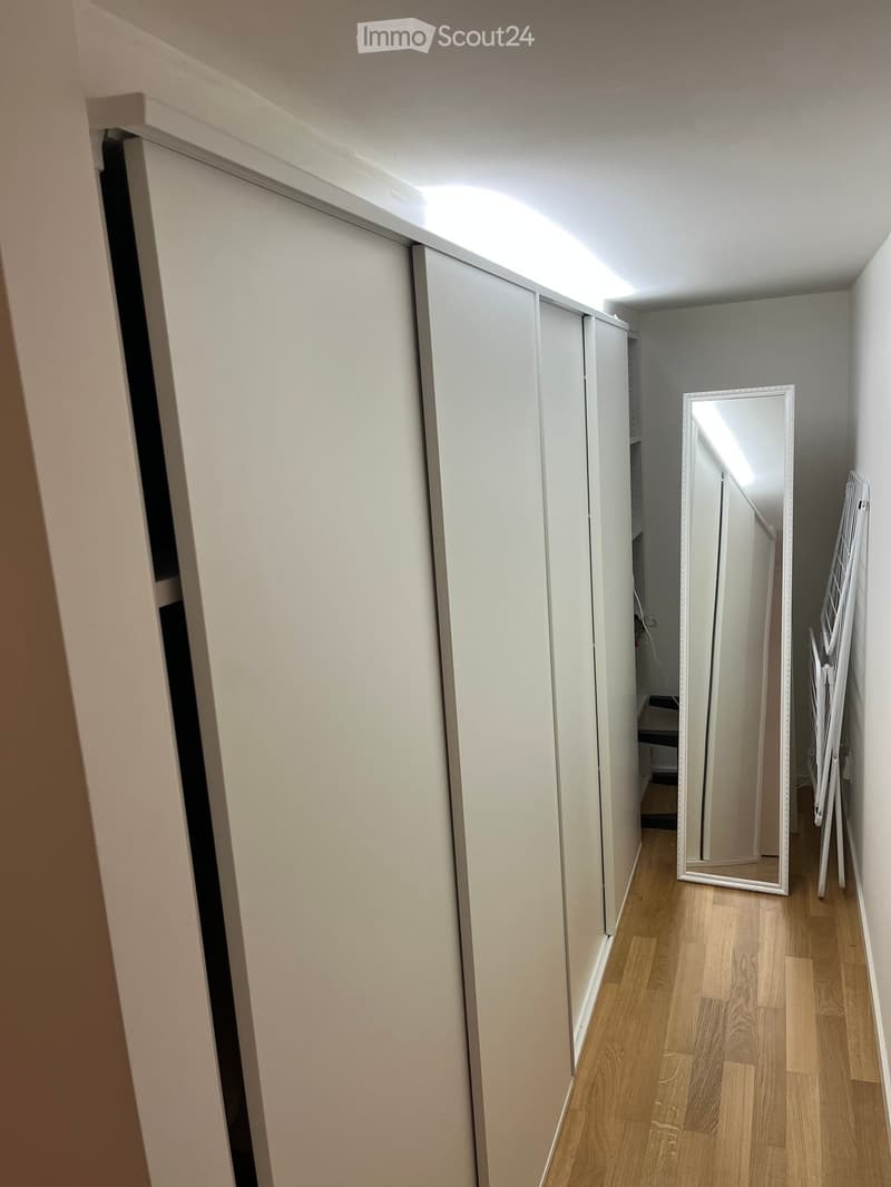 A narrow hallway with light-colored wooden flooring, white walls, and built-in closet doors on one side. A large mirror leans against the wall at the end of the hallway.
