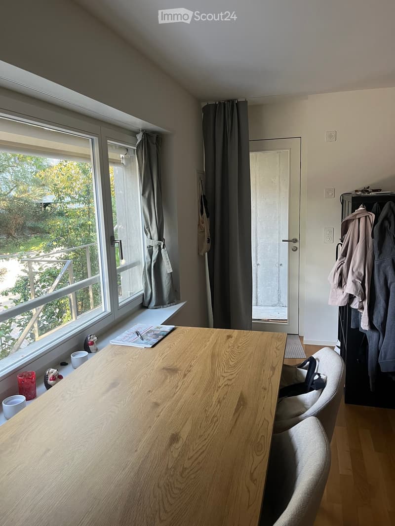 Bright room with wooden table, chairs, cups, toys, and a coat rack near the door. Large window with a view of greenery and a balcony.