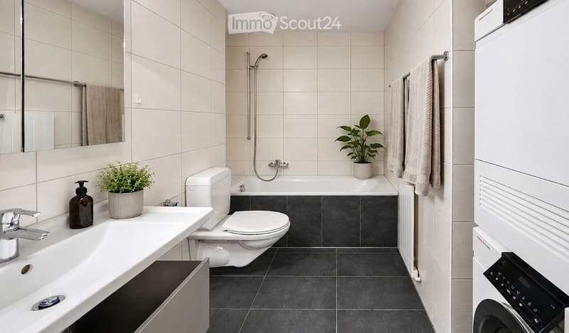 Modern bathroom with a white sink, chrome faucet, toilet, bathtub, and showerhead. Features include a washing machine, towels, and decorative plants.