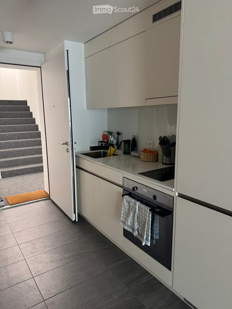 Modern kitchen with white cabinets, dark tiled floor, built-in oven, sink, and various cleaning supplies on the counter.