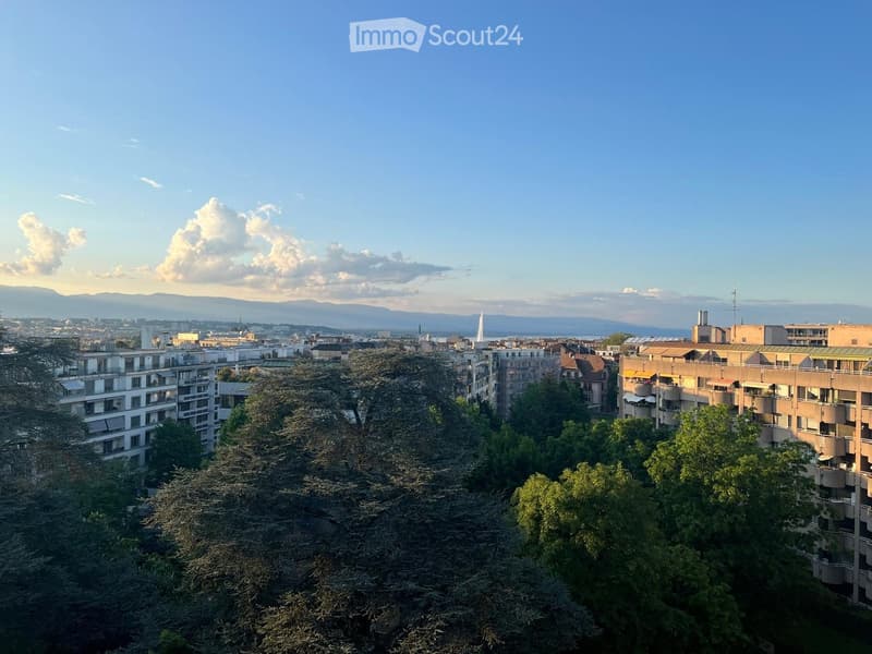 Panoramic view of a cityscape with multiple residential and commercial buildings, surrounded by trees and a clear blue sky with distant mountains.