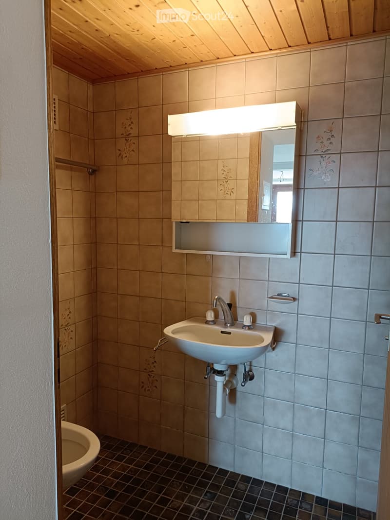 Small bathroom with beige tiled walls, a white sink with a chrome faucet, a mirror with a built-in cabinet, and a toilet. The ceiling is wooden with exposed beams.
