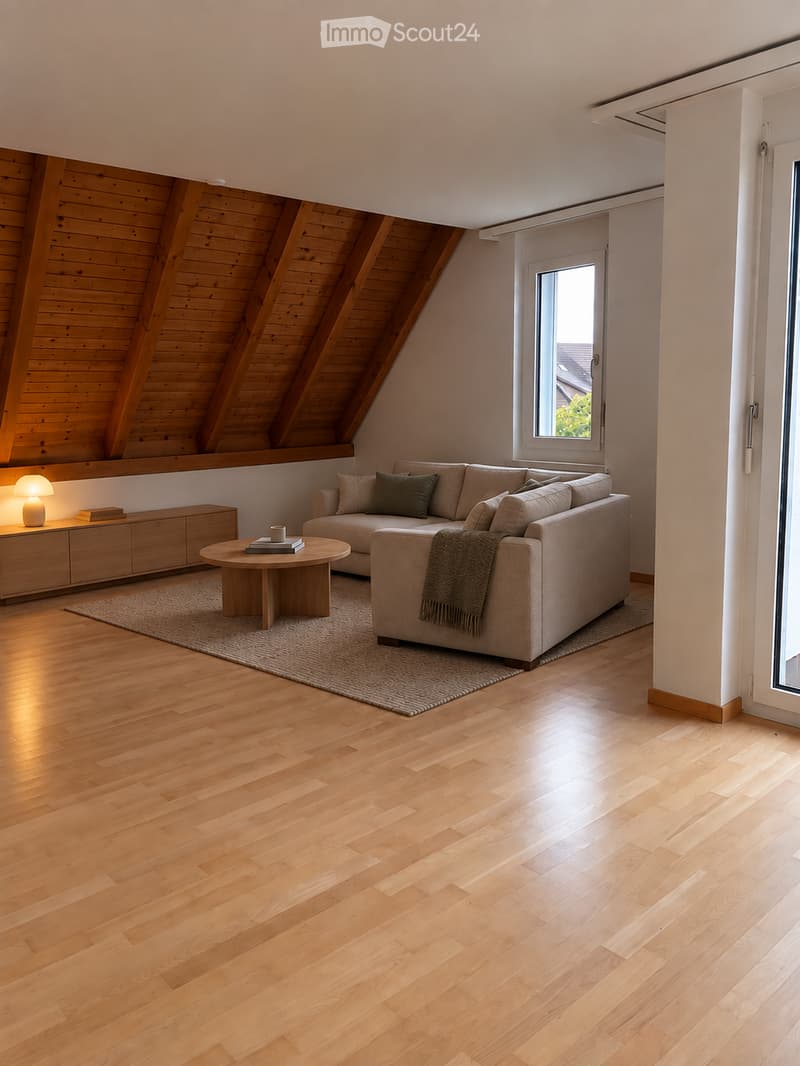 Modern living room with light wooden floors, a large sofa, coffee table, floor lamp, sideboard, and books. The room features wooden slatted walls and a skylight window.