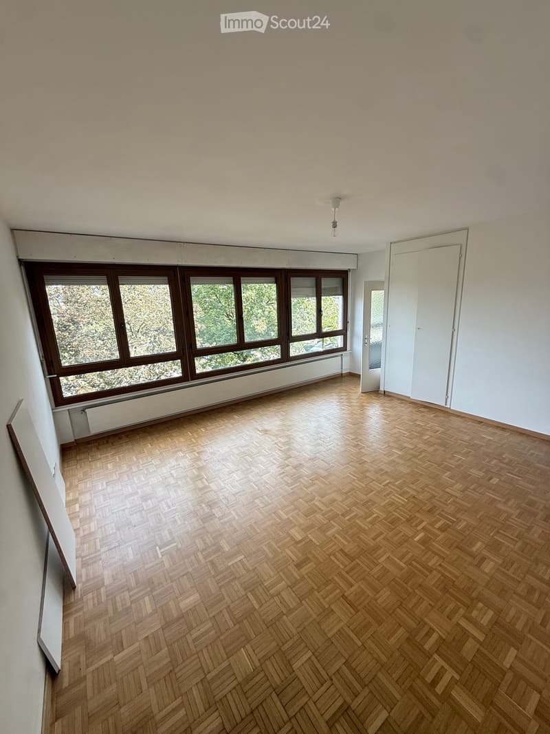 Empty room with wooden herringbone flooring, large windows with brown frames, white walls, and a single light fixture on the ceiling.