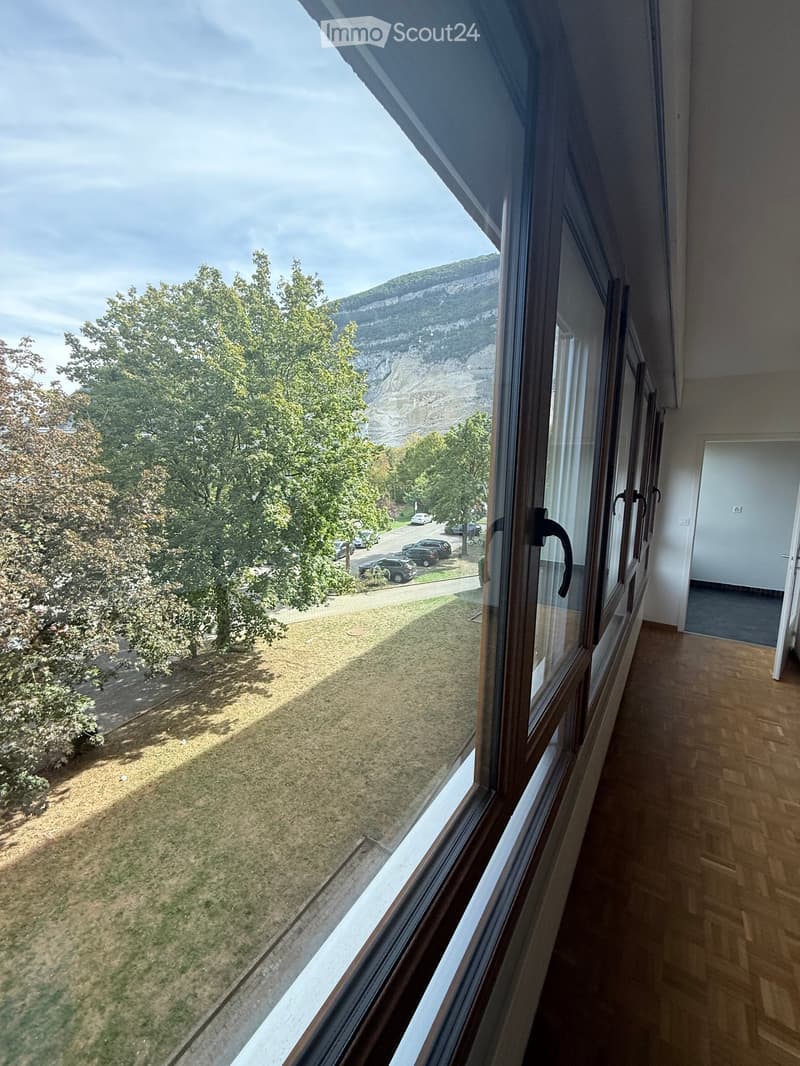 Balcony with wooden flooring, large windows, and a view of a grassy area, trees, and a mountainous backdrop.