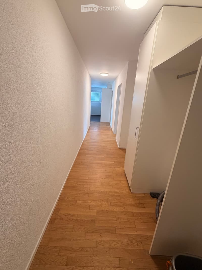 A narrow hallway with wooden flooring, white walls, and recessed lighting. The hallway leads to a room with a window and a door at the end.