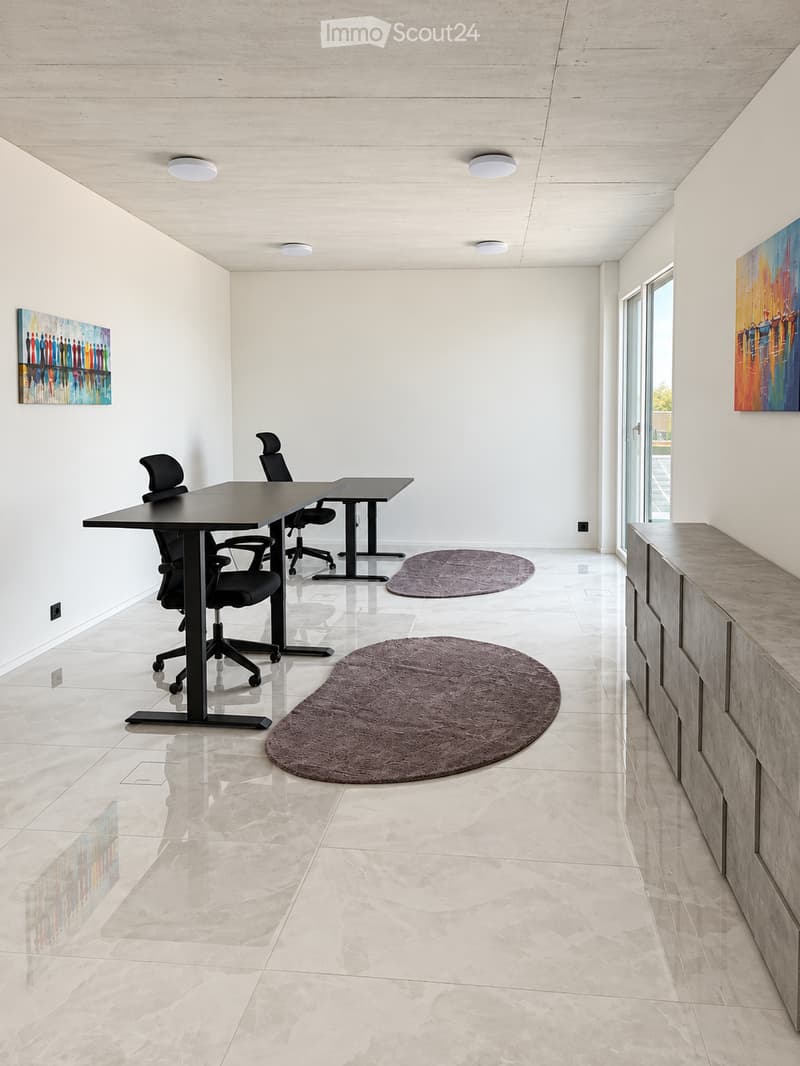 Modern, minimalist room with a polished tile floor, white walls, and a sleek black table with chairs. Two round rugs are placed on the floor, and there are colorful paintings on the walls. A tall cabinet is visible on the right side.