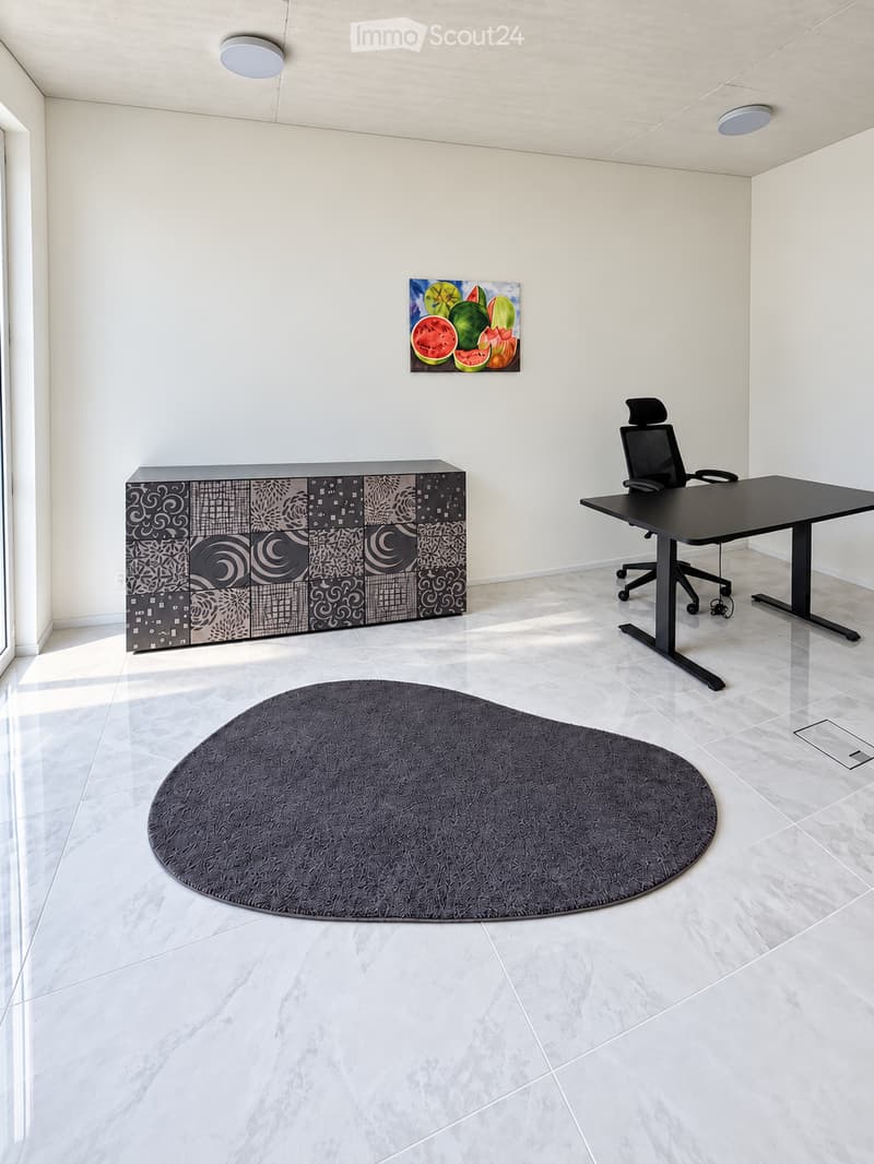 Modern office space with a sleek black desk, ergonomic chair, patterned cabinet, round rug, and a colorful fruit-themed painting on the wall.