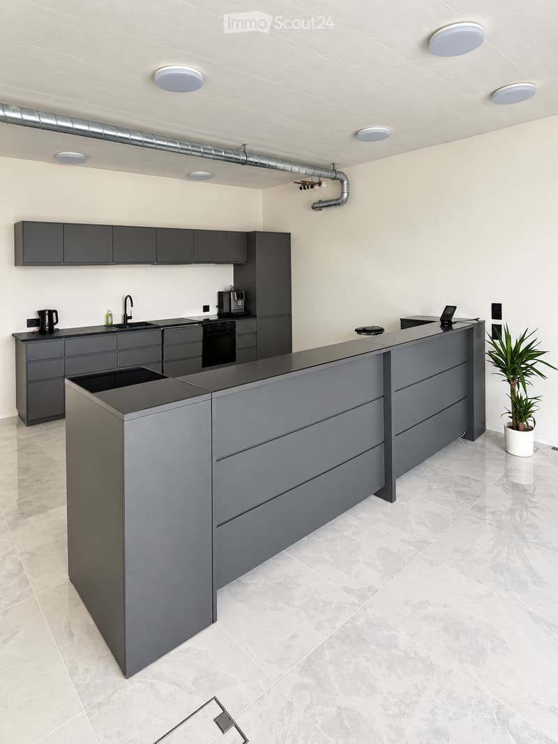 Modern kitchen with dark grey cabinets, a central island, and built-in appliances including a sink, oven, and coffee maker. The space features a marble tiled floor and recessed lighting.