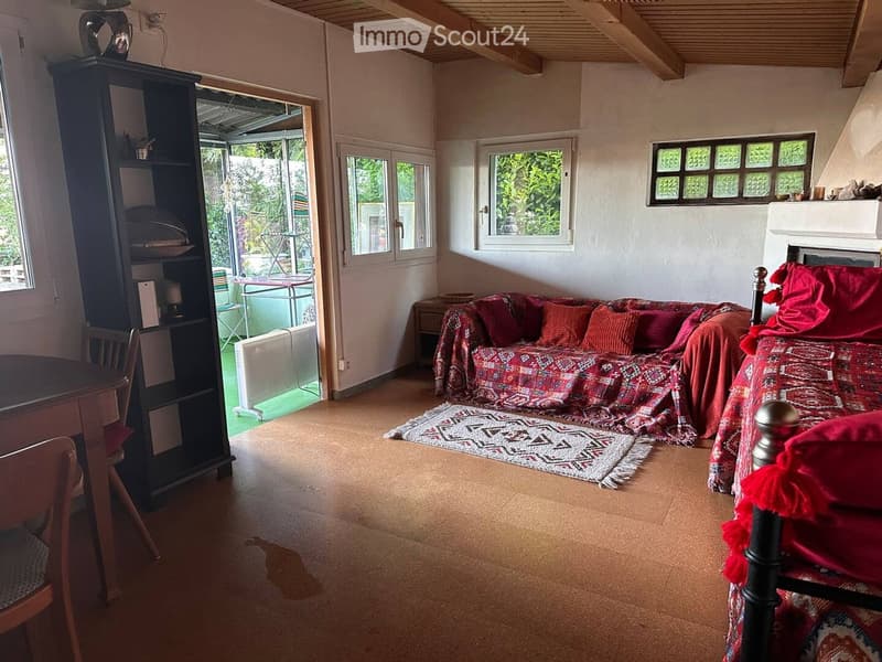 Living room with a patterned sofa, wooden table, bookshelf, and a view to a patio through large windows.