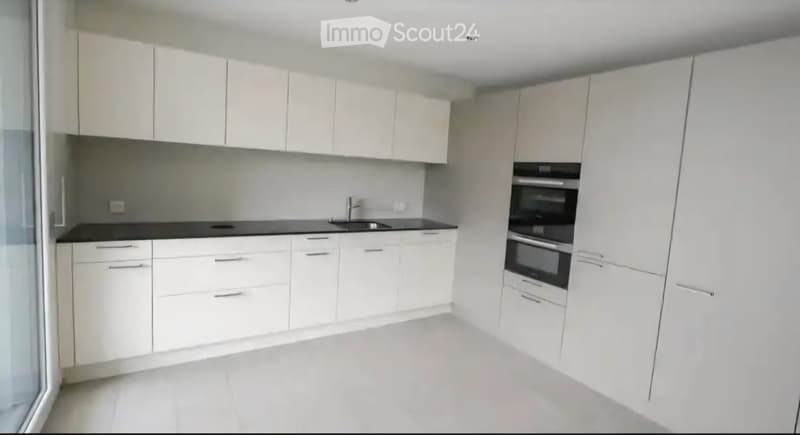 Modern kitchen with white cabinets, black countertops, and built-in appliances including a sink and oven.