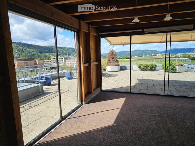 Bright, open space with large glass doors leading to a balcony area, featuring a scenic view of a valley and mountains.