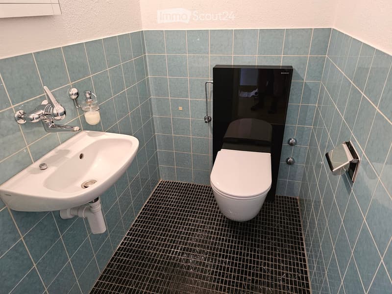 Modern bathroom with a corner sink, chrome faucet, toilet, and soap dispenser. Blue tiled walls and dark tiled floor.